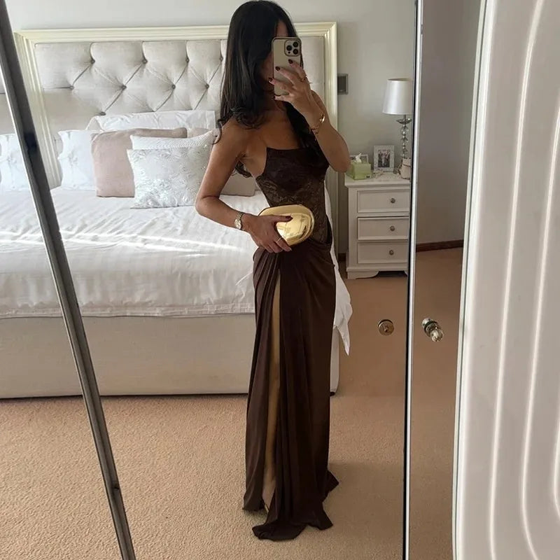 Women One Shoulder Lace See Through Sexy Maxi Dress Gown Fashion Off-shoulder Sleeveless Backless Club Long Dresses