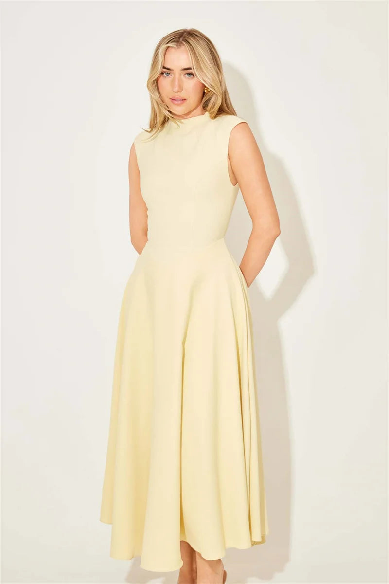 Mozision Sleeveless High Waist Sexy Midi Dress For Women Fashion Elegant Solid Pleated Club Party Long Dresses Female New