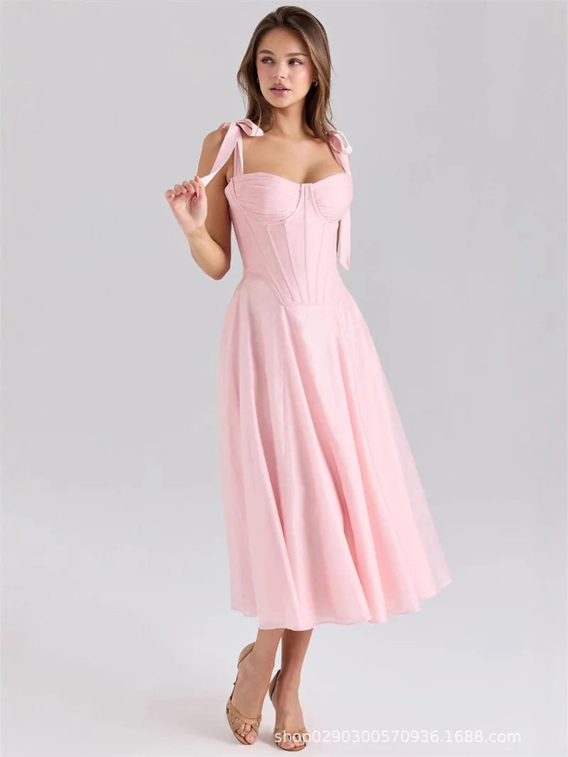 Mozision Pink Chiffon Tie Strap Sexy Midi Dress Women Pink Spaghetti Strap Sleeveless Backless Lace-up A-line Club Party Dress