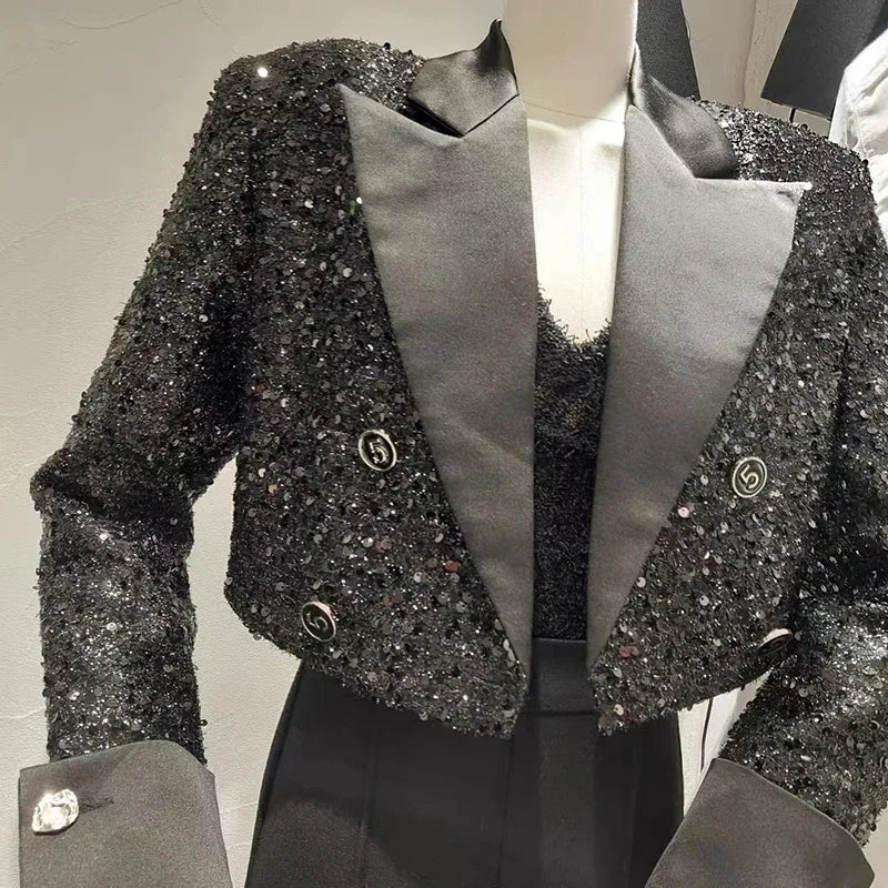 Elegant Sequined Blazer Women Spring Autumn Vintage Notched Long Sleeve Tops Crop Jacket Black Coat Cardigan Outwear