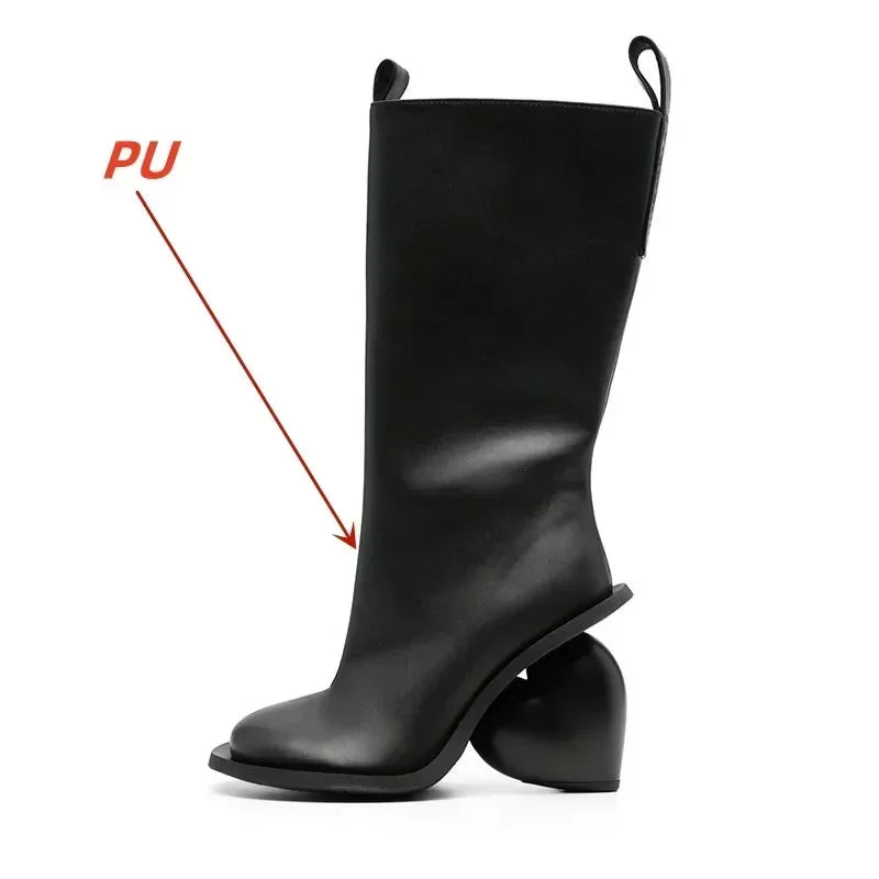 2024 New Women's Genuine Leather Mid Top Boots Fashion Round Toe High Heel Ankle Shoes with Zipper Stylish Comfortable Footwear