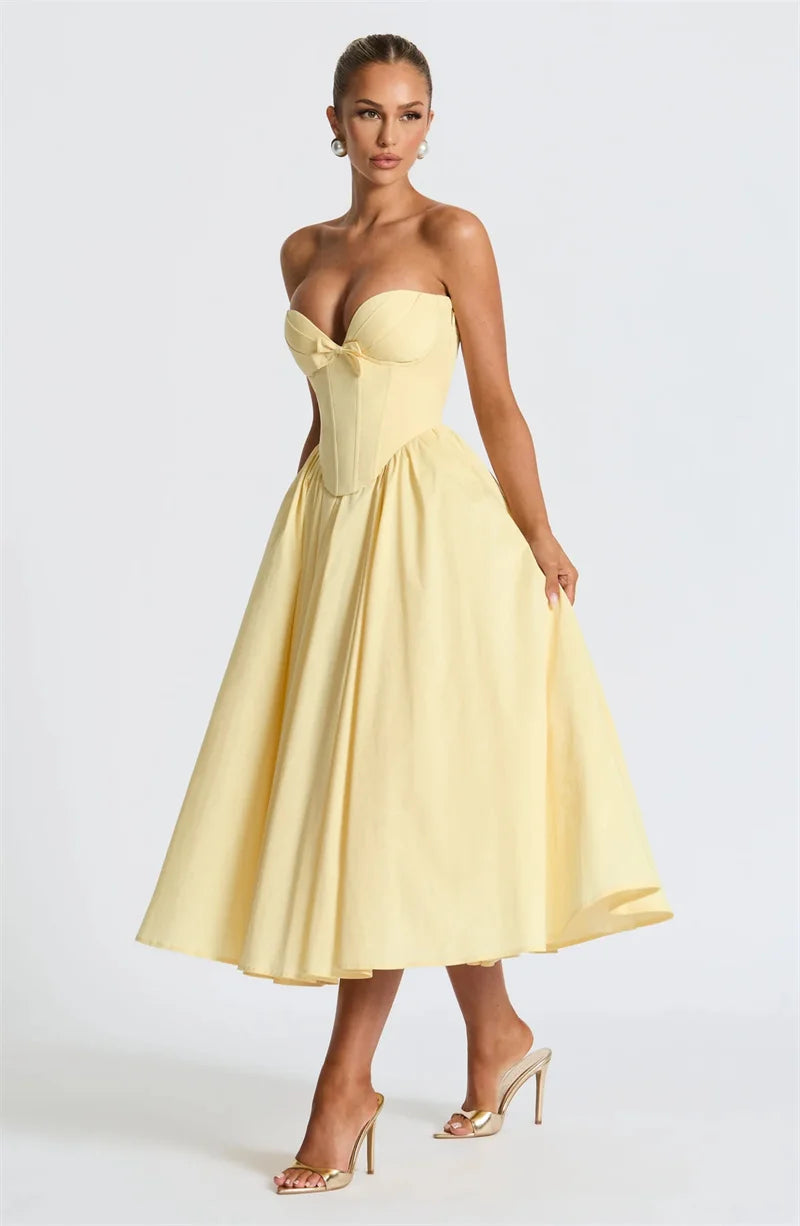 Mozision Off-shoulder Strapless Sexy Midi Dress Women Elegant Fashion Bow Sleeveless Backless High Waist A-line Club Party Dress