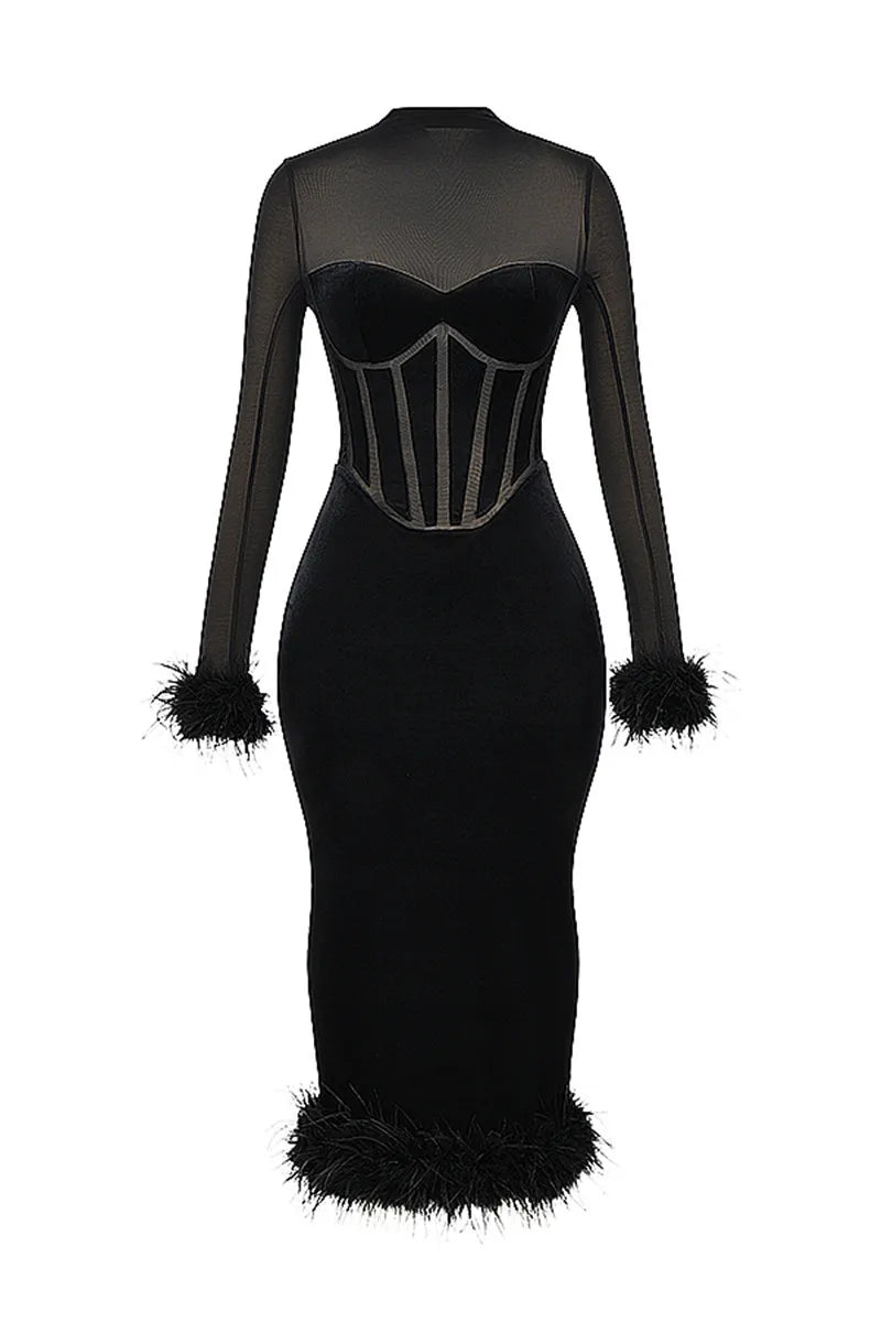 Mozision Elegant Feather Sexy Midi Dress For Women Black Fashion Sheer Long Sleeve Backless Bodycon Club Party Long Dress