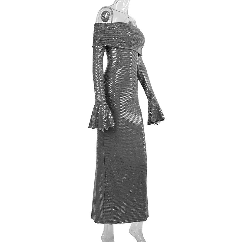 Mozision Elegant Strapless Sparkle Maxi Dress For Women Fashion Off-shoulder Backless Long Flare Sleeve Bodycon Club Party Dress