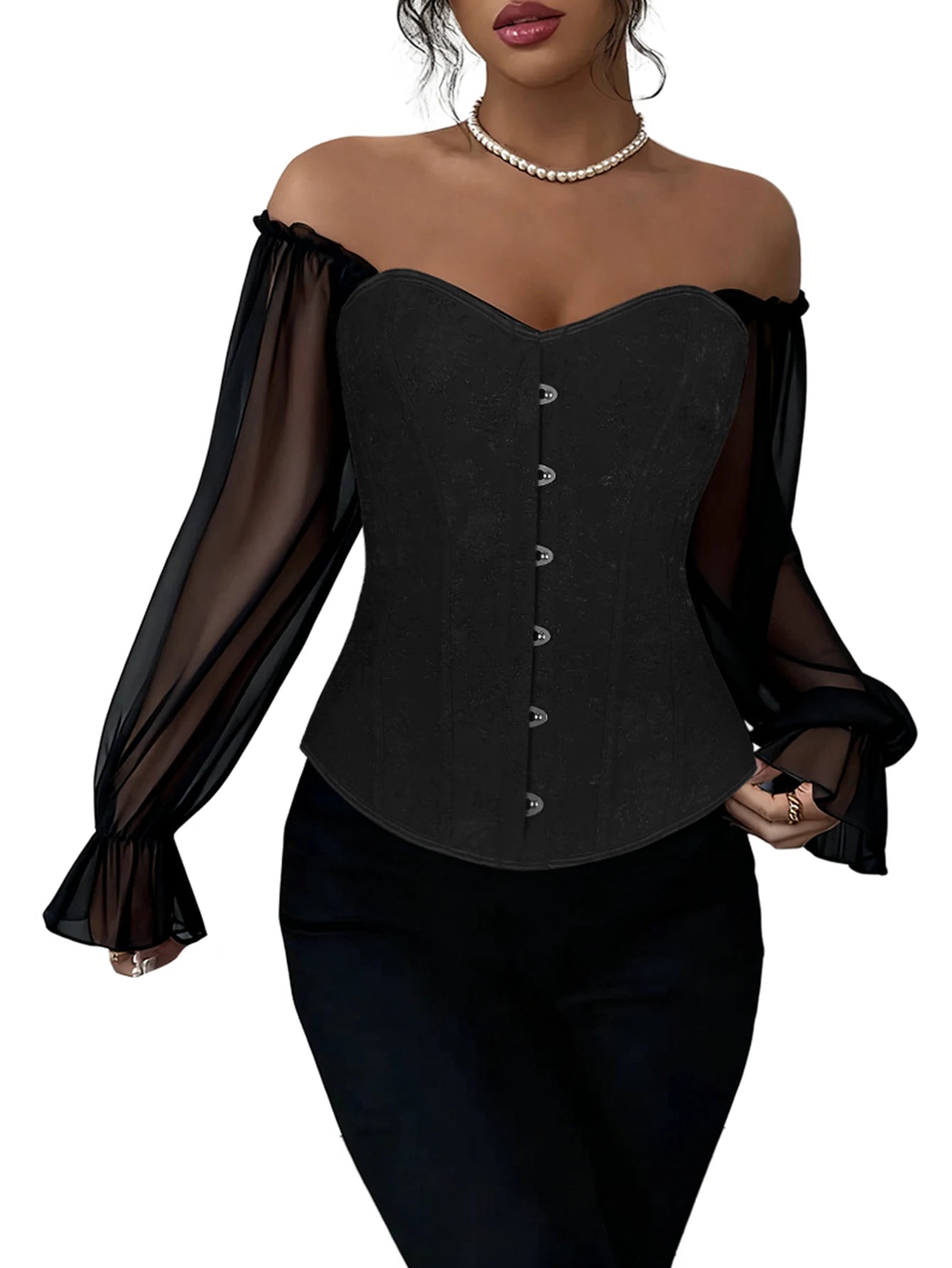 BurVogue Corset Tops for Women with Sleeves Victorian Off ShoulderOverbust Corset Vintage Steampunk Strapless Shirt Long Sleeves