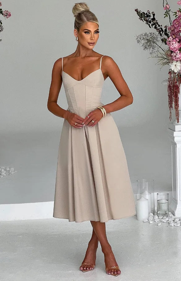 NIDANSSI White Slim Backless Robes Evening Party Dress Women Pleated Bodycon Elegant Sexy Dress Midi Long Summer Dress Vestidos