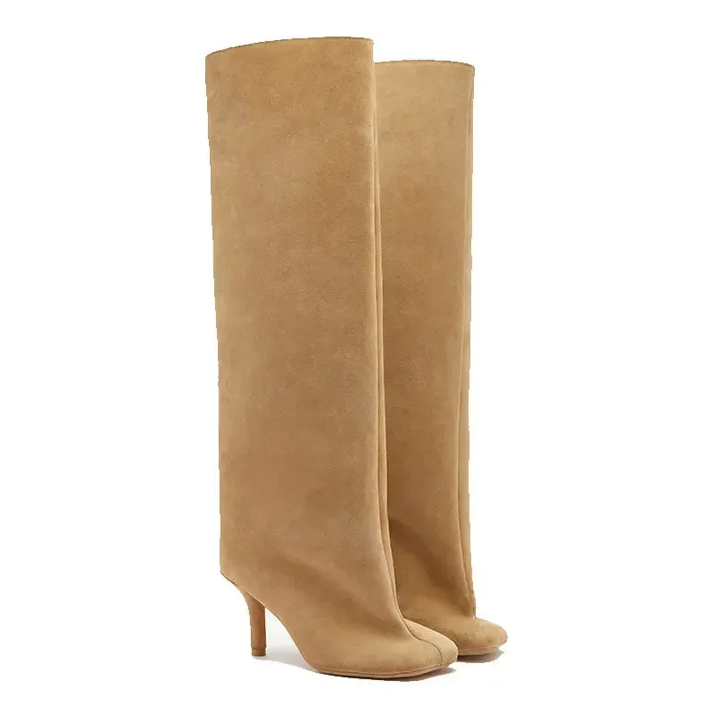 2024 European and American Fashion Stiletto Heels Wide Leg Knee Sleeve Boots Women's Square Head Suede Warm Boots