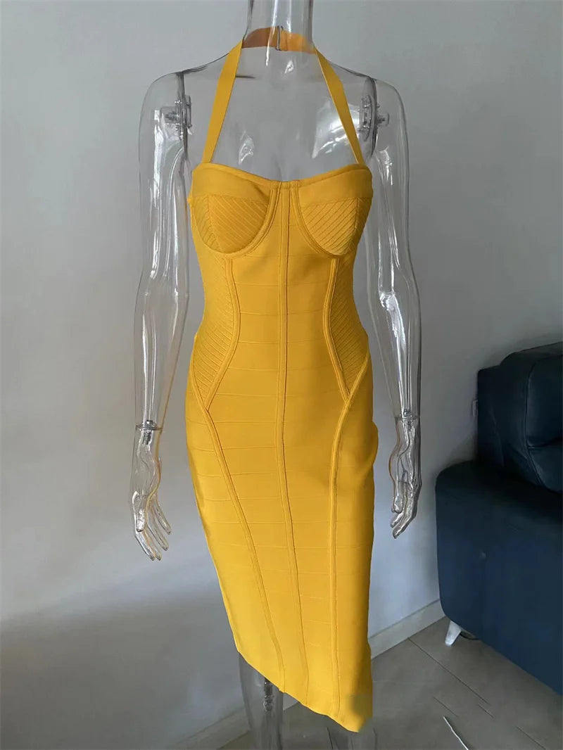 Mozision Backless Bandage Sexy Midi Dress Women Fashion Halter Off-shoulder Sleeveless Backless Bodycon Club Party Long Dress