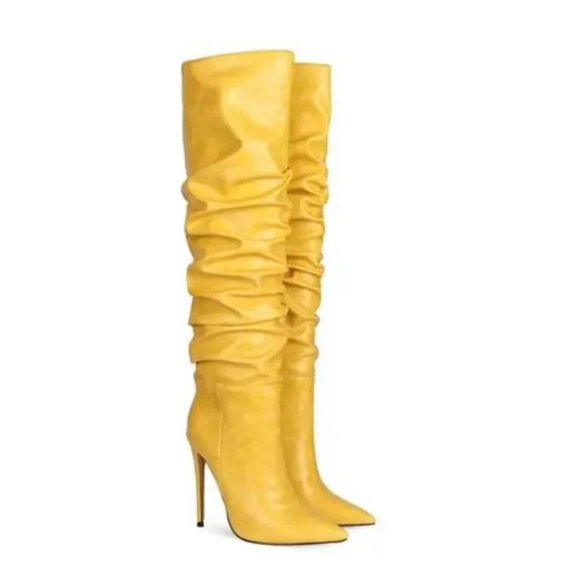 2024 Autumn and Winter New Fashionable High-heeled Pleated Sleeve Boots, European and American Sexy Fashion Runway Boots