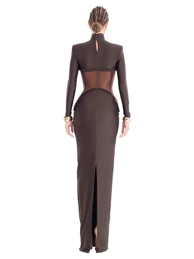 Luxury Sheer Corset Brown Long Dresses for Women – Long Sleeve High Neck See Through Bodycon Maxi Dress with Mesh Waist Detail