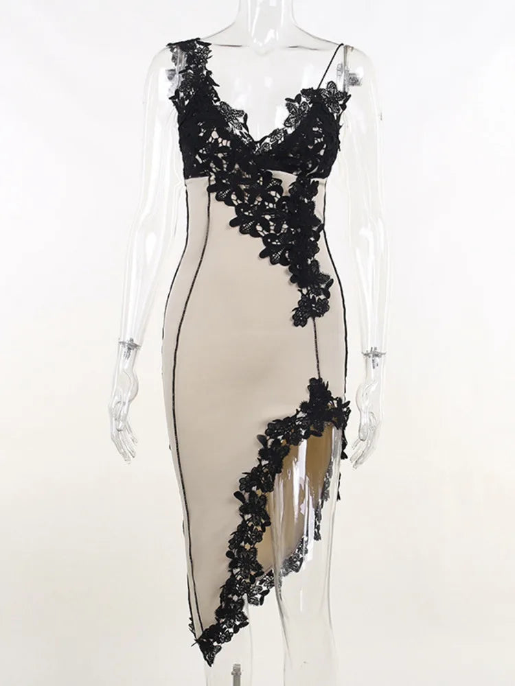 Mozision Lace High Split Sexy Midi Dress For Women Robe 2023 New Spaghetti Strap Sleeveless Deep V Neck Party Long Dress Vestido