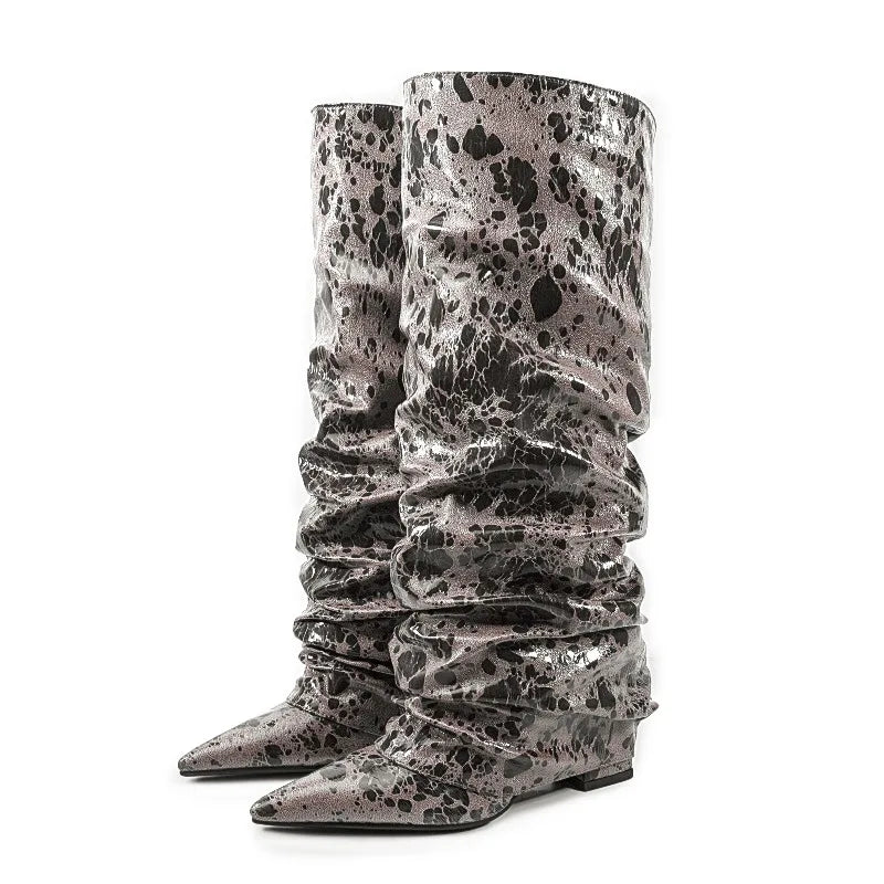 2025 European AndAmerican Women's Autumn and Winter Super Migration Coarse High Heels Fashion Pleated Pointed Sleeve Skirt Boots