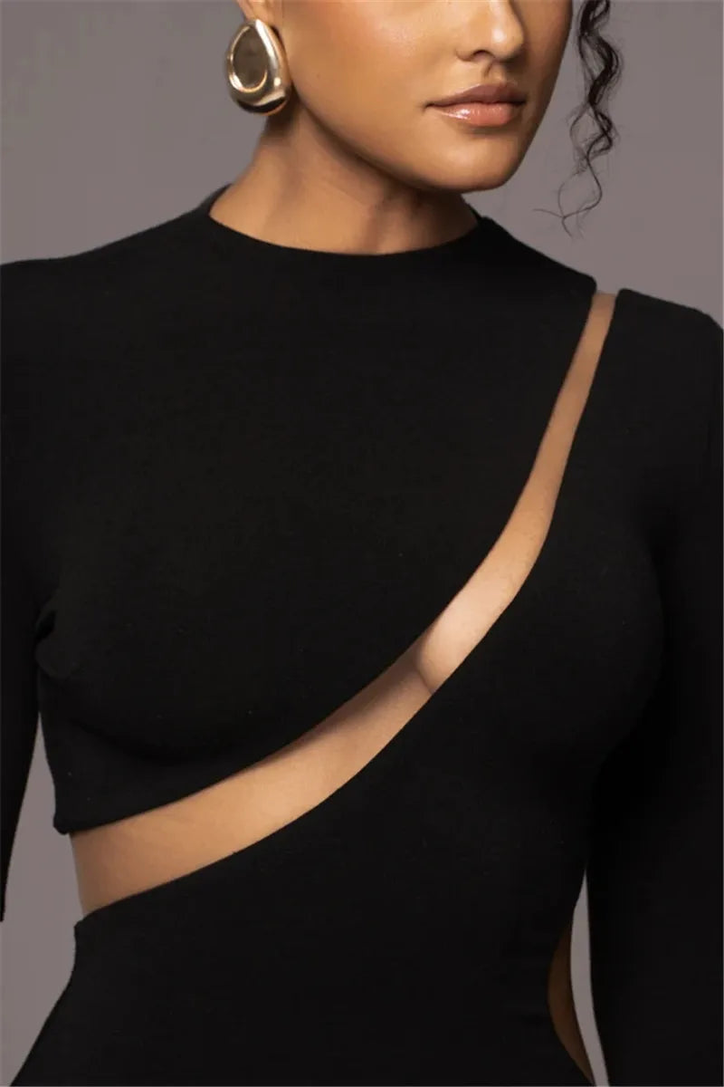 Mozision Turtleneck Long Sleeve Bodycon Maxi Dress For Women Autumn New Patchwork Hollow Out Club Party Sexy Long Dress Vestidos