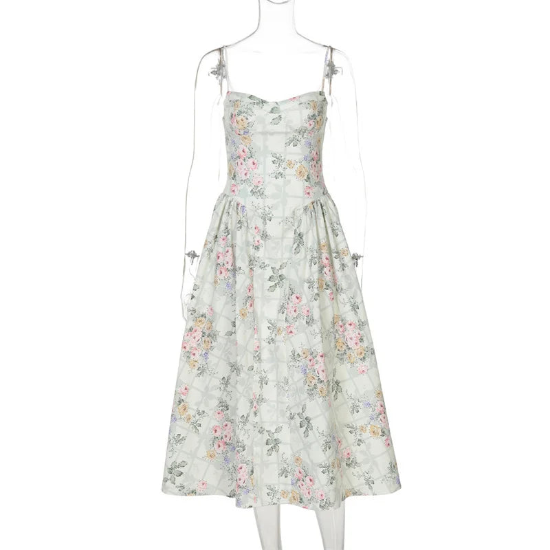 Mozision Spaghetti Strap Print Midi Dress Women Fashion Off-shoulder Sleeveless Backless A-line High Waist Pleated Long Dress