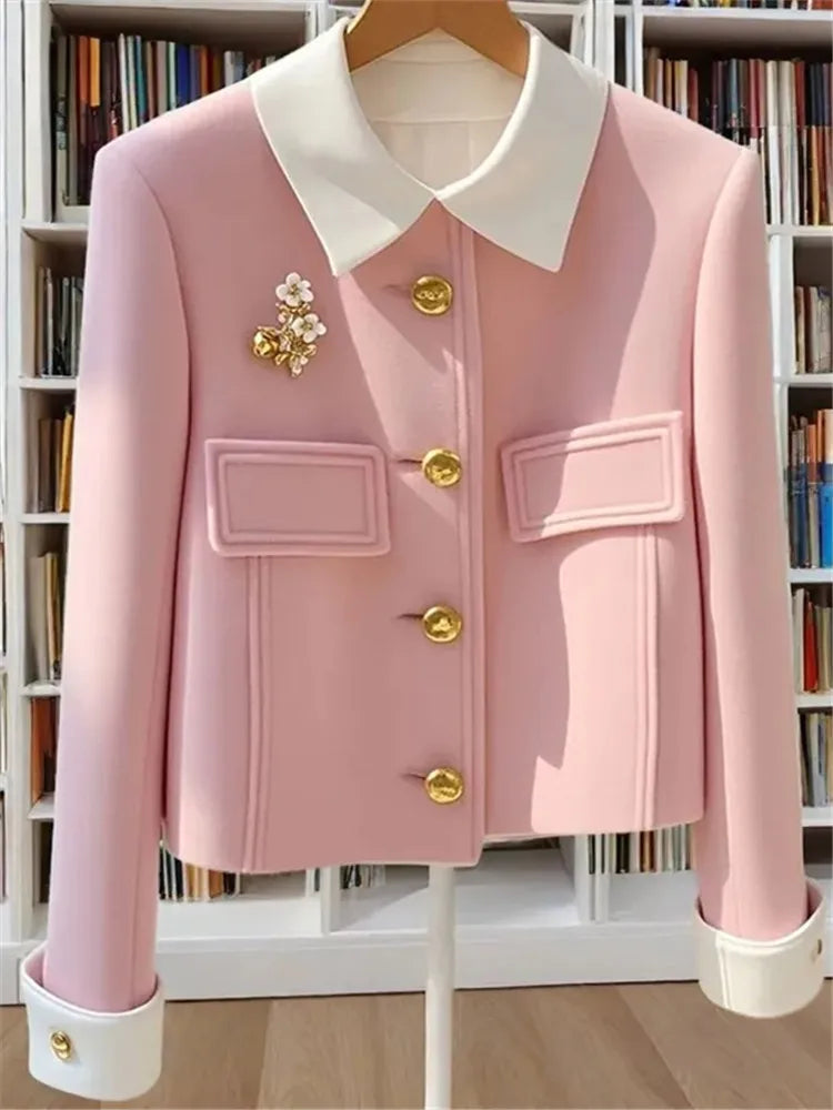 New Autumn And Winter 2025 Pink Padded Single-Breasted Women's Woolen Coat Unique Korean Version Temperament Ladies Jacket