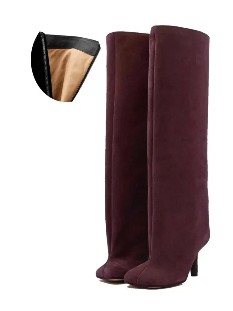 2024 European and American Fashion Stiletto Heels Wide Leg Knee Sleeve Boots Women's Square Head Suede Warm Boots