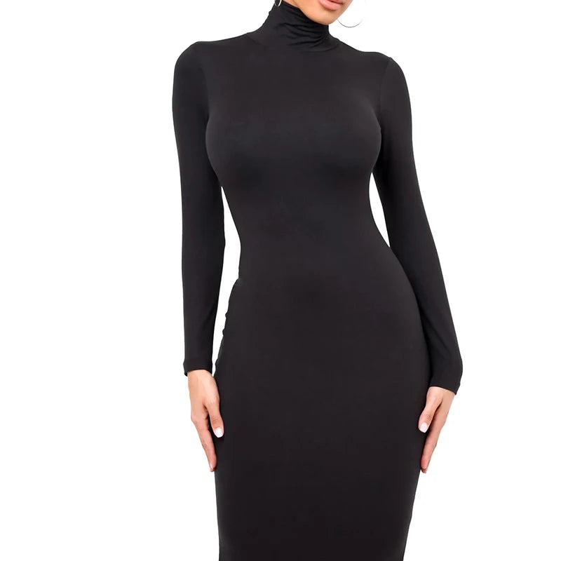 Winter Black Turtleneck Sexy Women Dress Autumn Long Sleeve Skinny Midi Boydcon Casual Blue Plush Knee-Length Party Club