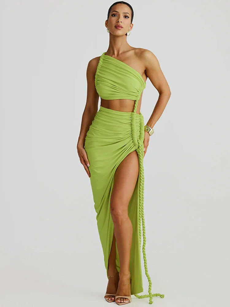 Mozision Off-shoulder Thigh High Split Sexy Maxi Dress For Women Fashion Strapless Sleeveless Ruched Bodycon Club Party Dress Wofashion.xyz