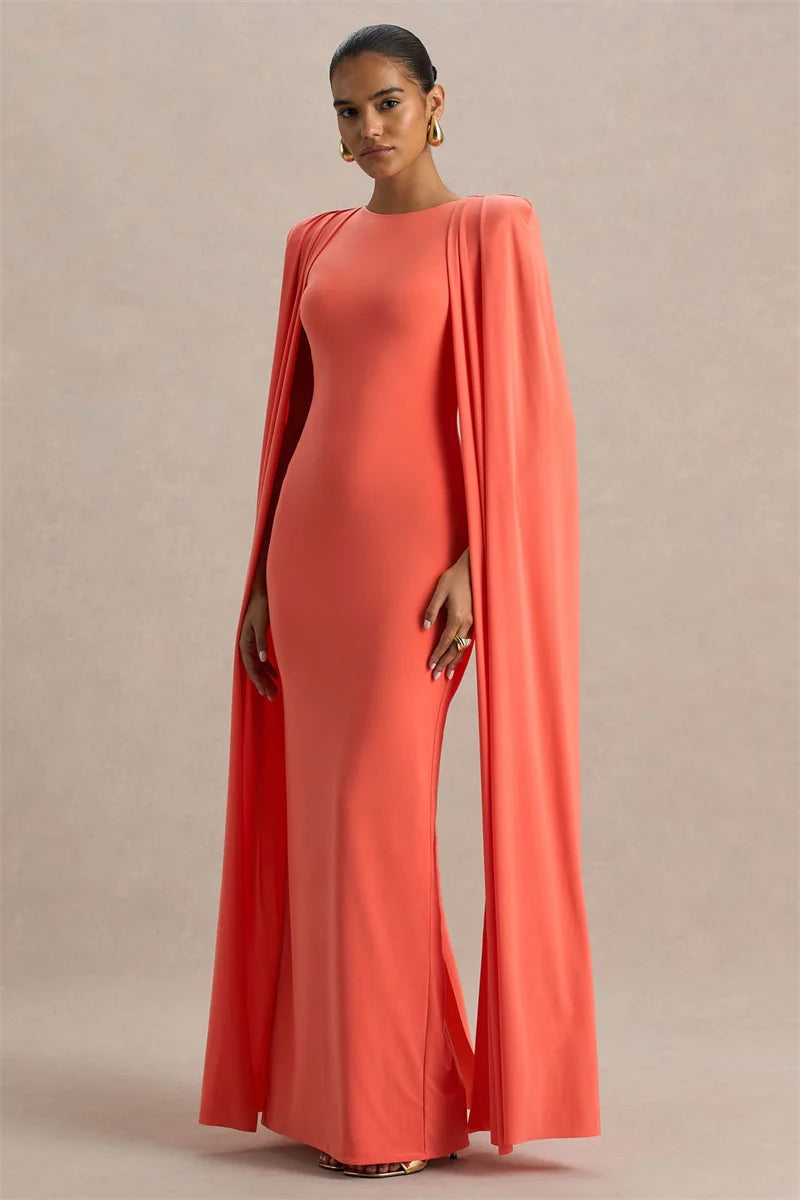 Mozision Cape Sleeve Sexy Maxi Dress Women Gown Elegant Fashion Zipper O Neck High Waist Split Club Party Long Dresses Female