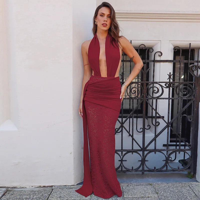 Mozision Halter Deep V Neck Sexy Maxi Dress For Women Elegant Fashion Lace Sleeveless Backless Ruched Bodycon Club Long Dress