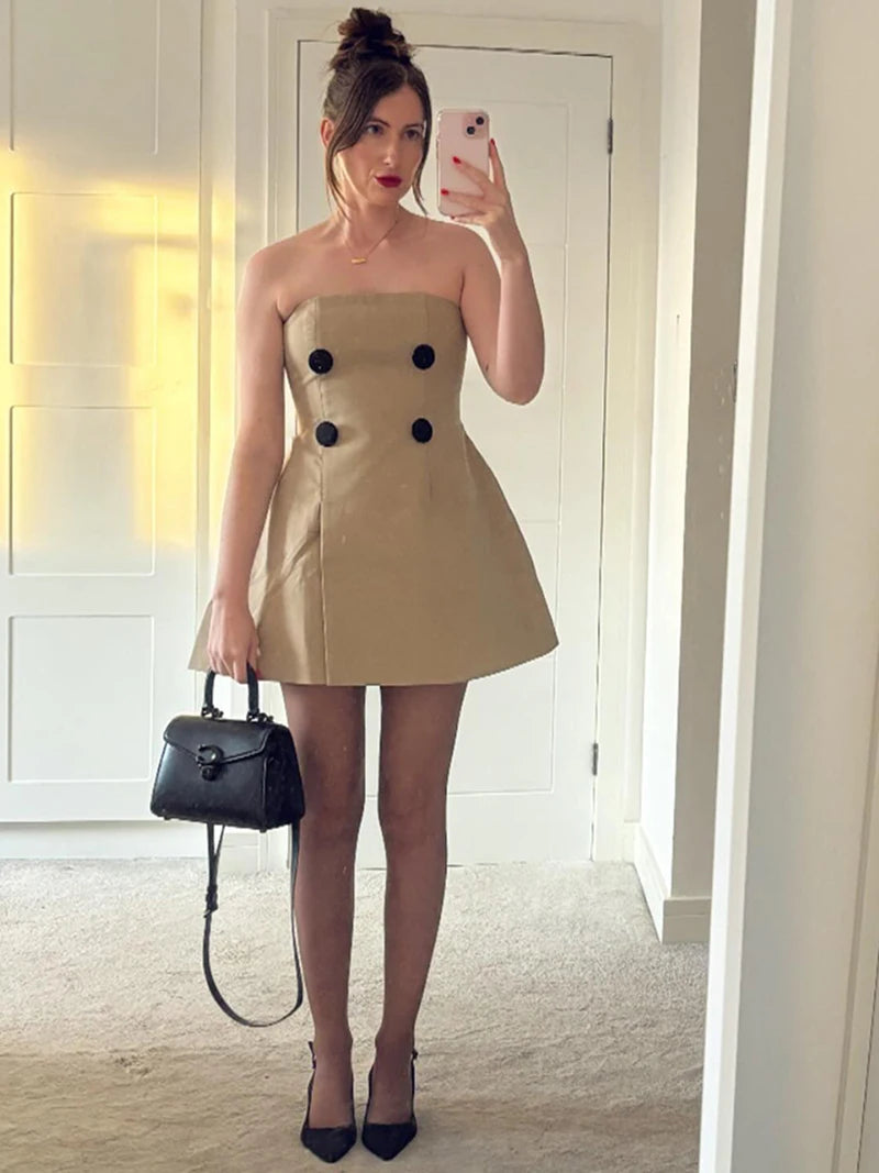 Mozision Off-shoulder Strapless Sexy Mini Dress For Women Khaki Fashion High Waist Backless Sleeveless Club Party Dress Elegant