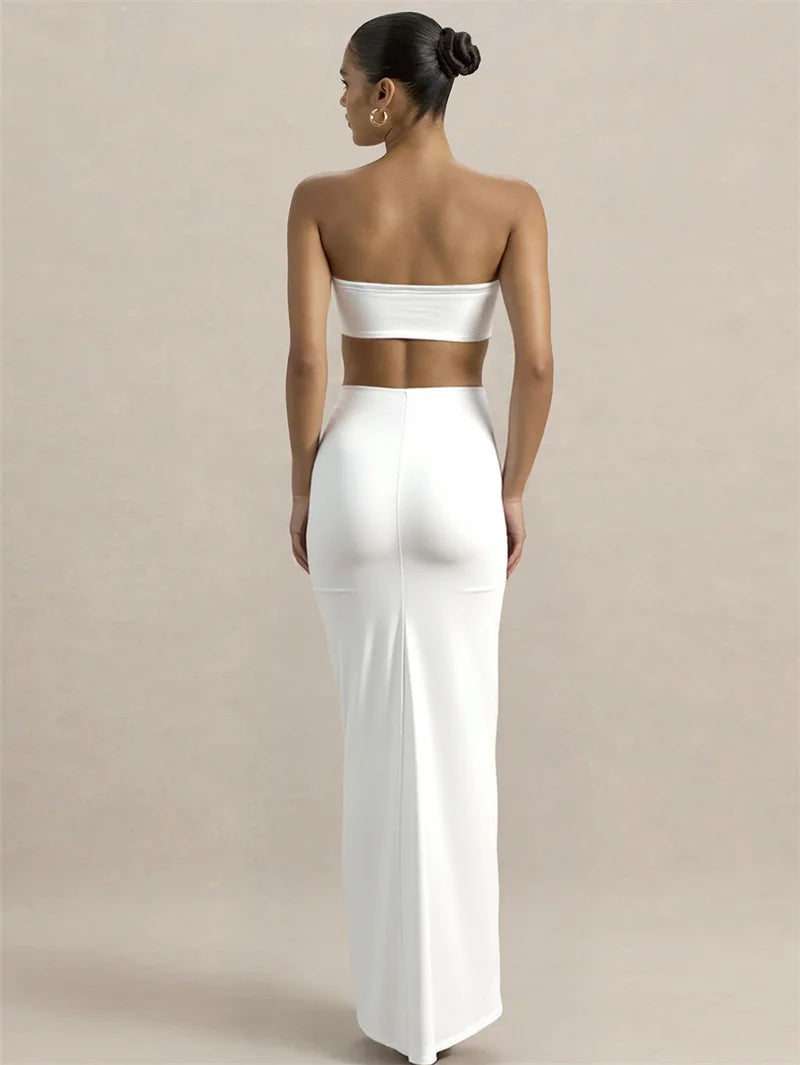 Mozision Off-shoulder Strapless Sexy Maxi Dress Women Elegant White Sleeveless Backless Draped Bodycon Club Party Long Dresses