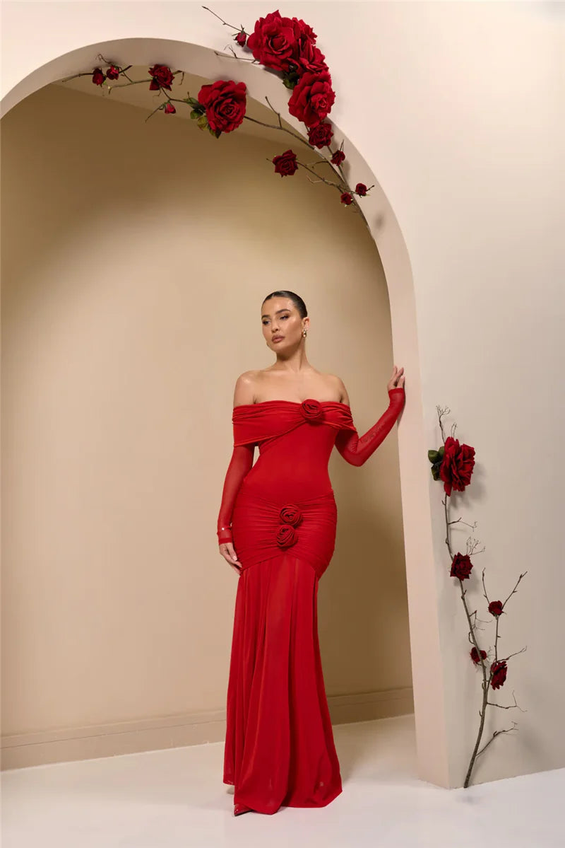 Mozision Off-shoulder Strapless Rose Sexy Maxi Dress For Women Fashion Long Sleeve Backless Ruched Bodycon Club Party Dress