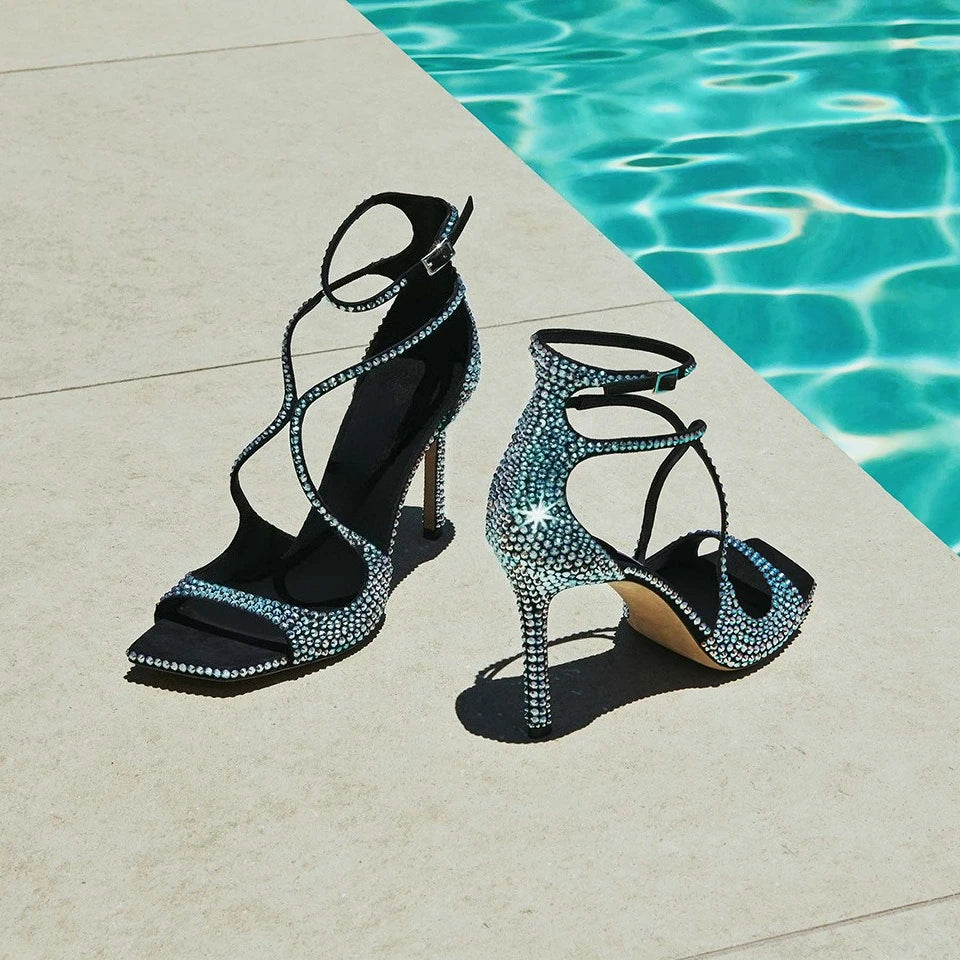 2025 Women's Spring/Summer New Style Glitter Material Fairy Style Cross Buckle with Stiletto High Heels and Open Toed Sandals