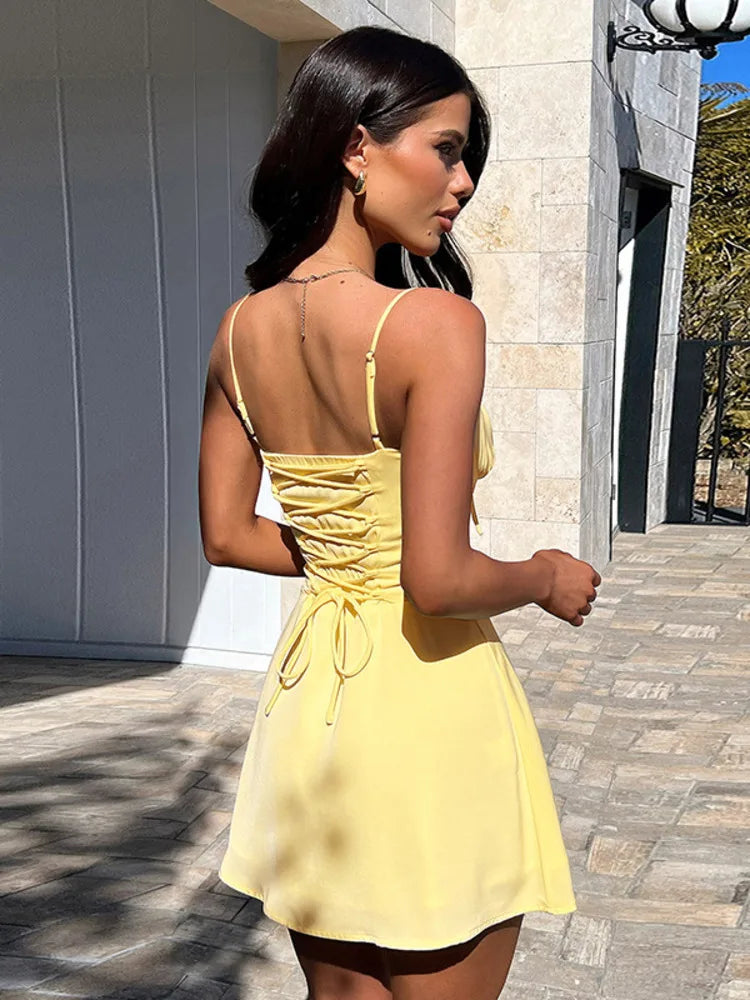 Mozision Spaghetti Strap Lace-up Sexy Mini Dress Women Elegant Off-shoulder Sleeveless Backless High Waist A-line Club Dress