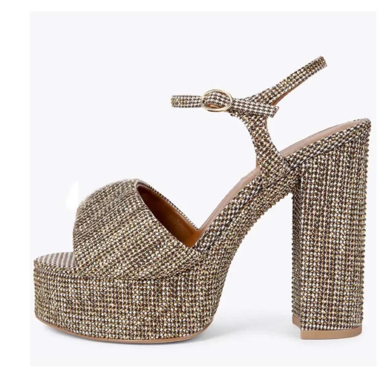 2025 Summer New Waterproof Platform Hot Diamond Thick Bottom Thick High Heels Fashion Square Head Versatile Buckle Strap Sandals