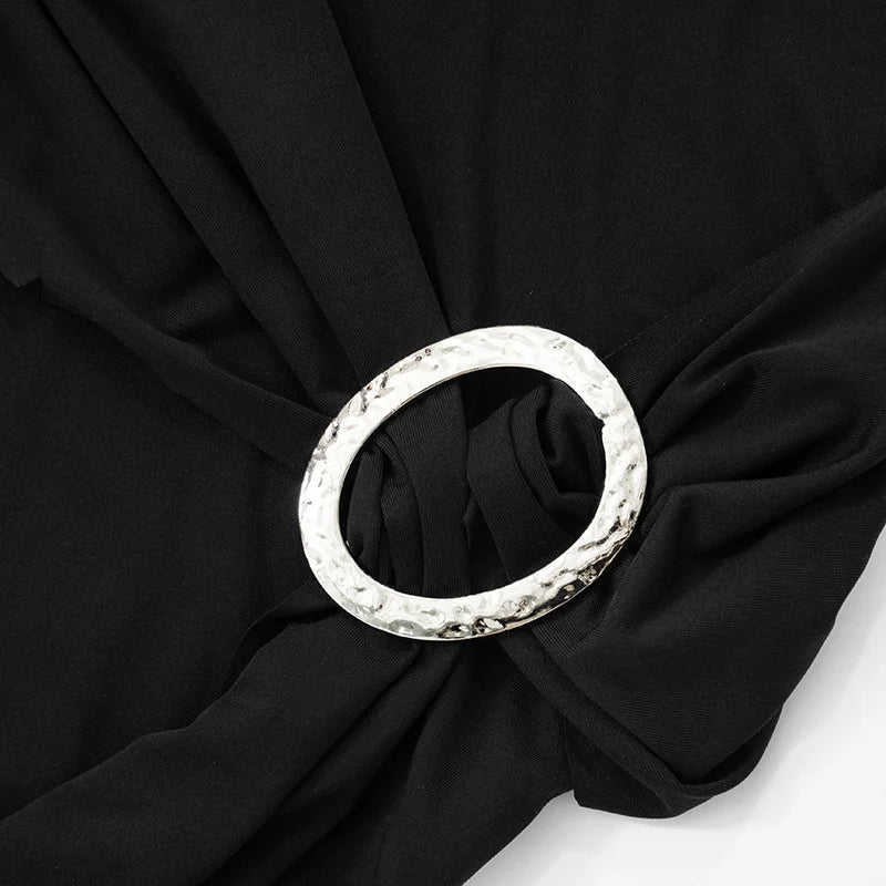 Mozision Metal Ring Long Sleeve Ruched Sexy Mini Dress Women Fashion Autumn New O Neck Draped Bodycon Club Dresses Female