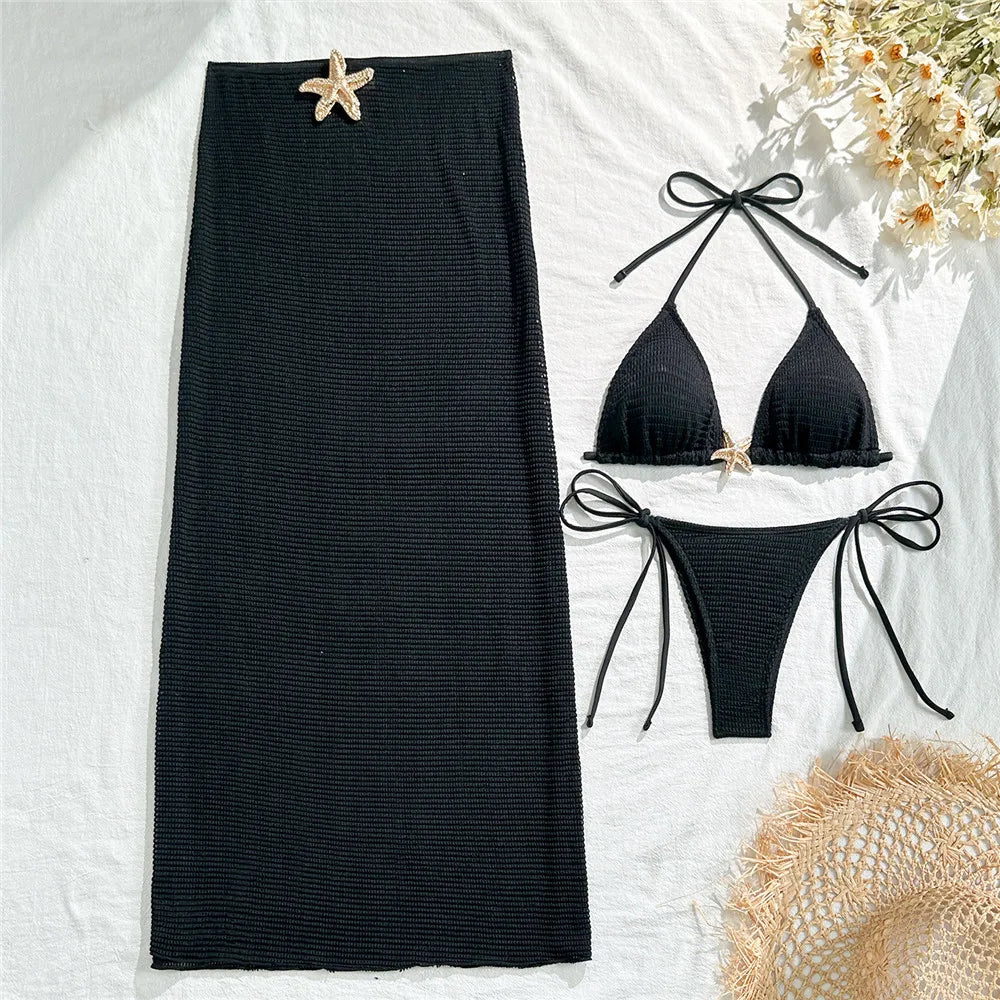Holiday Starfish Solid Swimwears Halter String Triangle 3 Piece Bikini Set Cover Up Skirts Sexy Swimsuit Women 2025 Bikini Dames