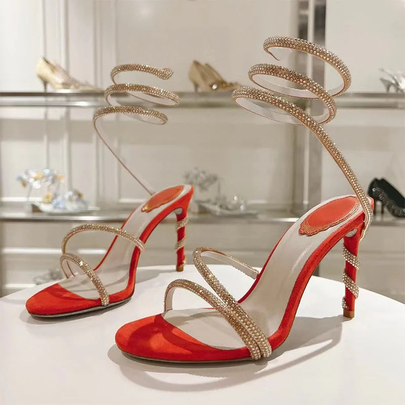 Luxury High Heels Sandals Woman Rhinestone Snake Twine Around Ankle Strap Wedding Shoes Stiletto Summer Gladiator Sandals Women