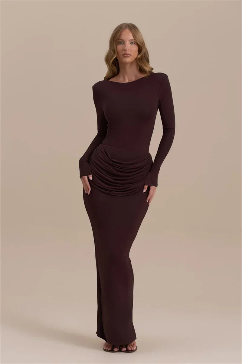 Long Sleeve Ruched Sexy Maxi Dress For Women Gown Autumn Winter New O Neck High Waist Bodycon Club Party Long Dresses