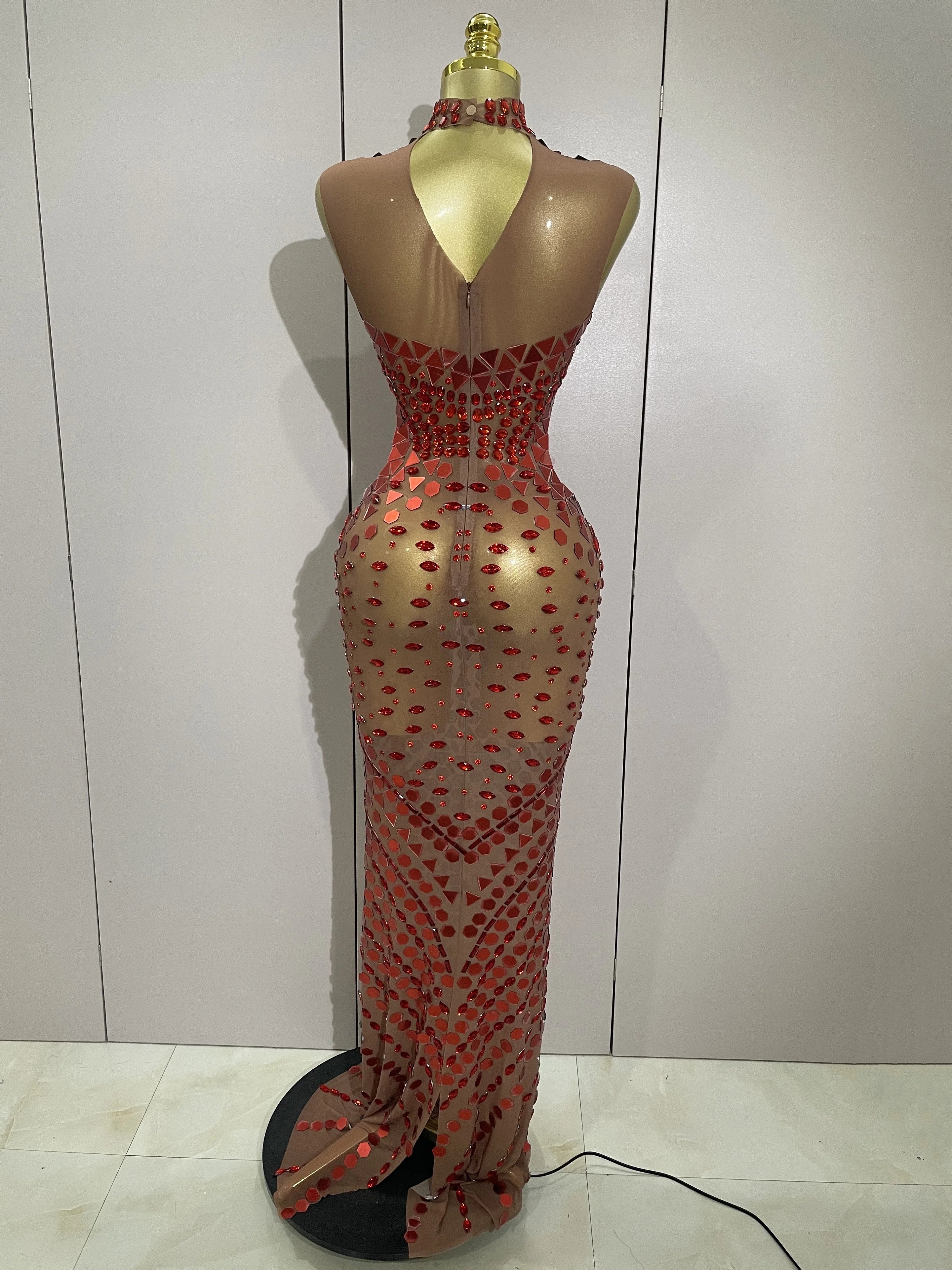 Luxury Shiny Mirror Rhinestones Hollowed-out Long Dress 2025Women Celebrity Evening Party Catwalk Prom Stage Photo Shoot Dresses