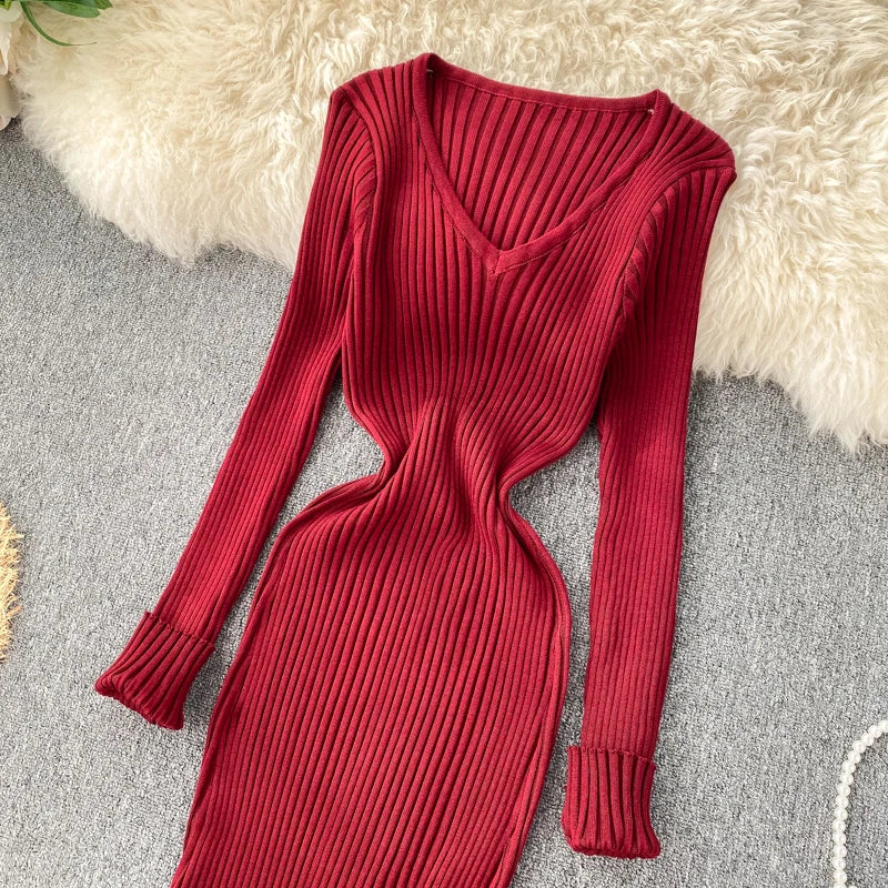 Women's Knitted Midi Dr Pure Color Long Sve Slim Fit High Waist V-Ne Korean Sle Faionable Autumn Winter Dr