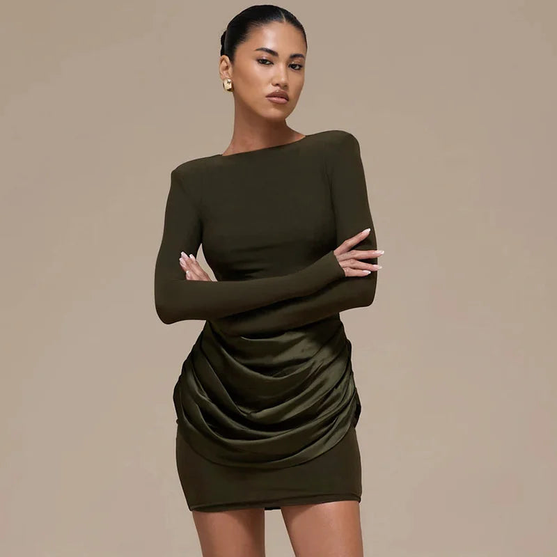 Mozision Long Sleeve Ruched Sexy Mini Dress Women Gown Elegant Satin Patchwork O Neck High Waist Club Party Dresses Fashion