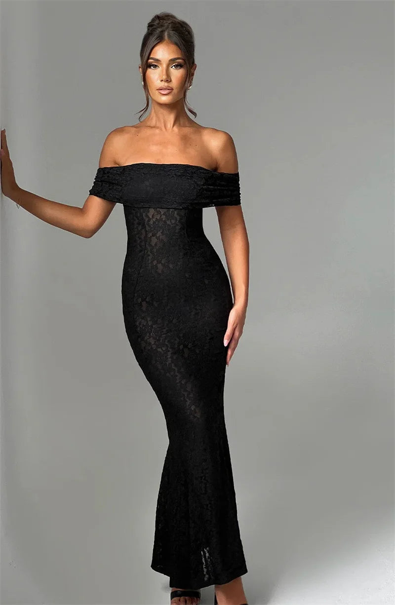 Mozision Hollow Out See Through Sexy Maxi Dress Women Elegant Off-shoulder Strapless Backless Sleeveless Club Party Dress