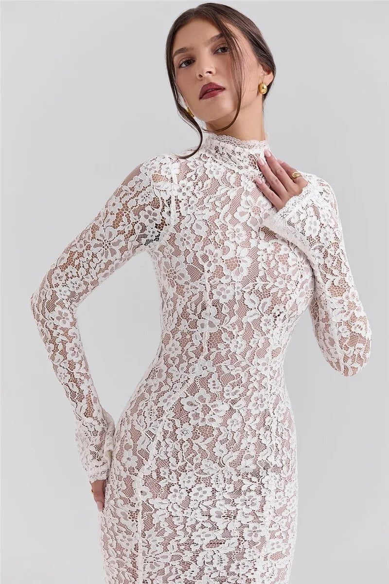Mozision Lace Long Sleeve Sexy Midi Dress For Women Elegant White Half High Collar High Waist Bodycon Club Party Sexy Long Dress