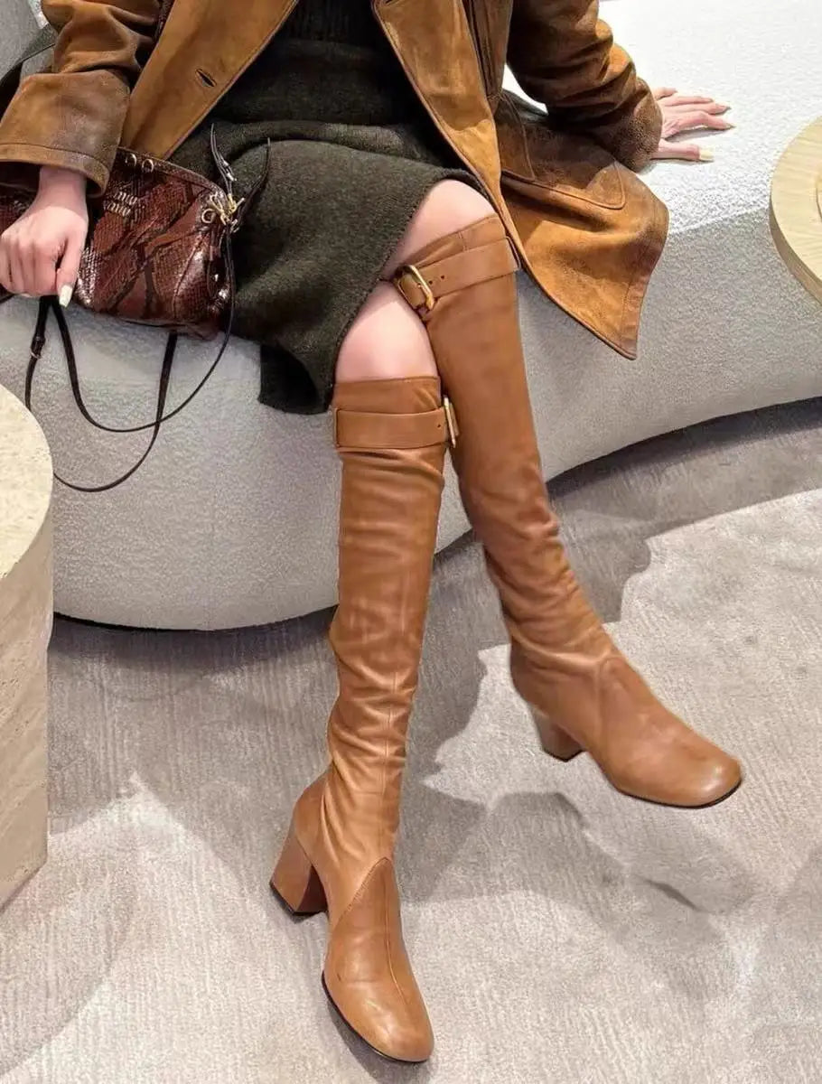 European and American Sexy Hot Girl Belt Buckle Thick High Heels Round Toe Back Zipper Knee Highboots Women's Retro Elasticshoes
