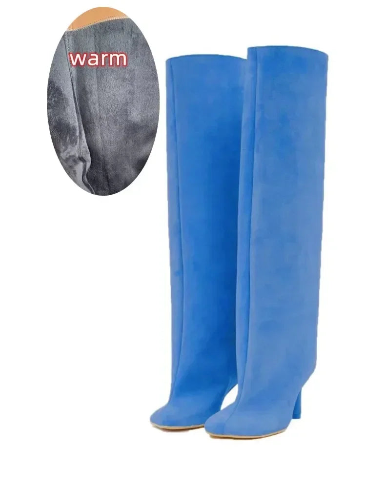 2024 European and American Fashion Stiletto Heels Wide Leg Knee Sleeve Boots Women's Square Head Suede Warm Boots
