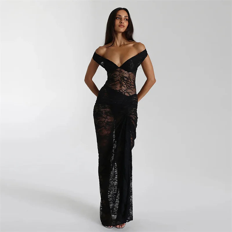 Mozision Lace See Through Sexy Two Piece Set Women Elegant Off-shoulder Backless Bodysuit And Maxi Skirt Matching Club Dress Set