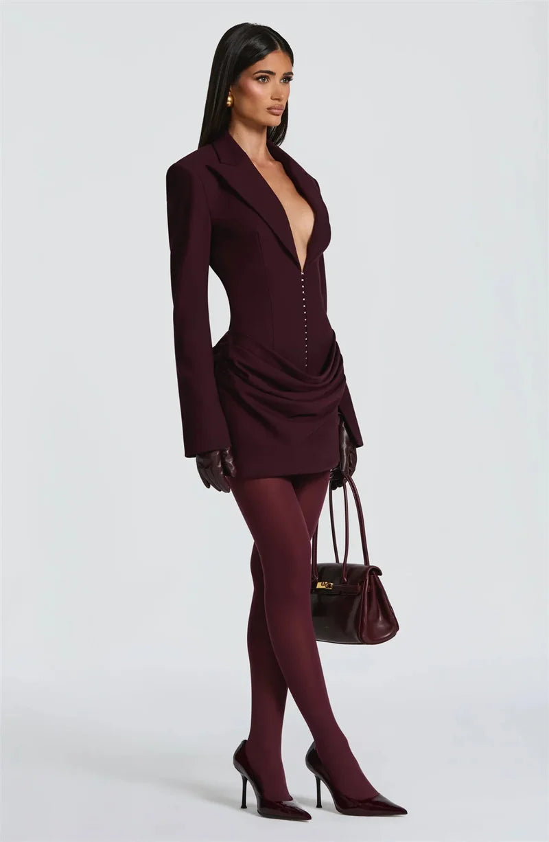 Mozision Long Sleeve Deep V Neck Ruched Sexy Mini Dress Women Autumn Winter Fashion High Waist Club Party Blazer Dresses Female