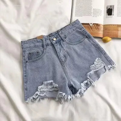 Casual High Waist Denim Shorts Women Summer Pocket Tassel Hole Ripped jeans Short Female Femme Short Pants Women