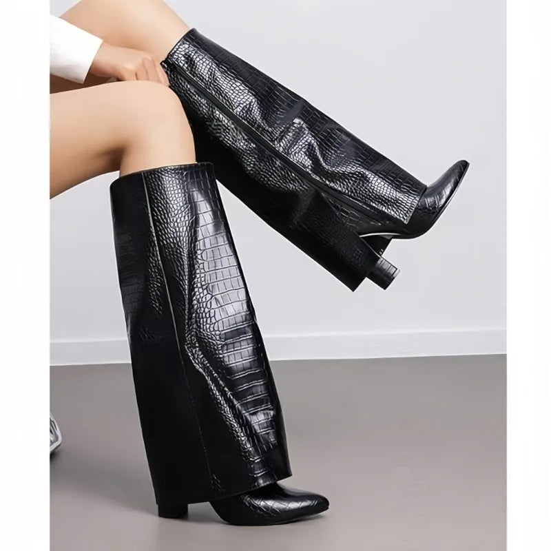 European and American Autumn and Winter New Pointed Straight Leg Skirt Boots for Women, Large Size Thick High Heels Pants Boots