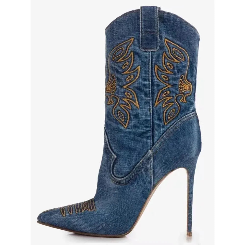Western European Cowboy Style Pointed Stiletto High Heels Embroidered Knight Fashion Boots Women's Sexy Water Diamond Boots
