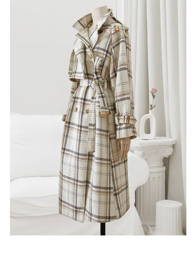 Lautaro Autumn Winter Long Loose Warm Plaid Wool Blends Trench Coat for Women Raglan Sleeve Belt Double Breasted Woolen Overcoat