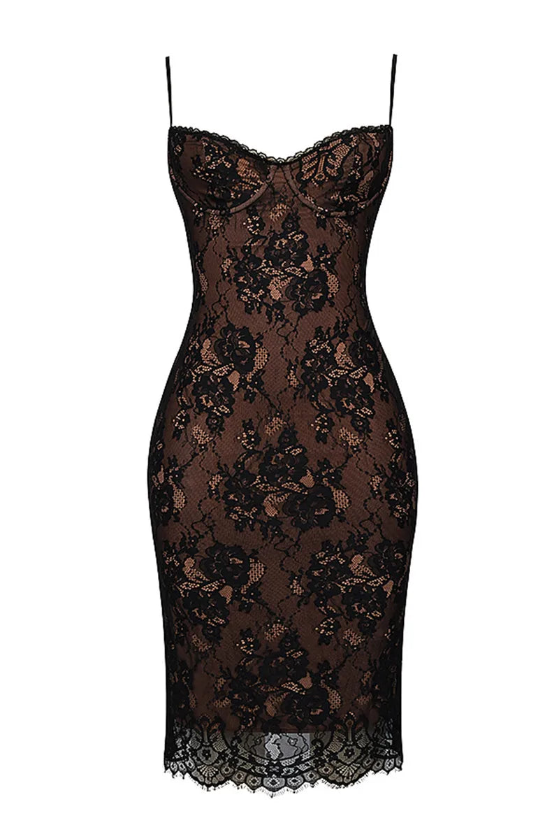 Mozision Lace Print Spaghetti Strap Sexy Midi Dress For Women Black Sleeveless Backless Bodycon Club Party Printed Long Dress