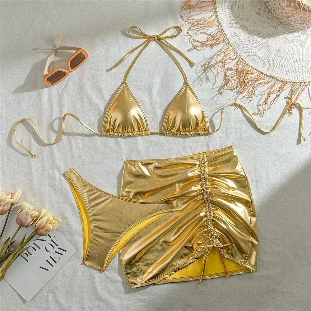 Gold Micro Thong String 3 Piece Bikini Set Damen Halter Swimwear Skirts Cover Ups Sexy Swimsuit Women 2025 Bathing Suit Bikinis Wofashion.xyz