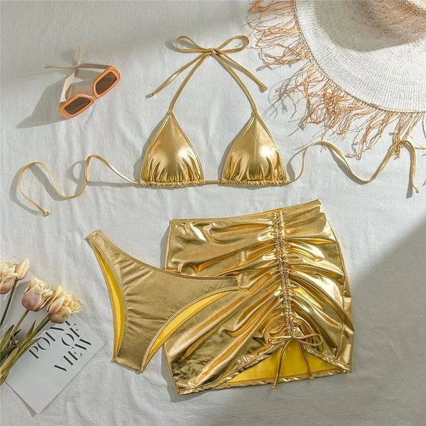 Gold Micro Thong String 3 Piece Bikini Set Damen Halter Swimwear Skirts Cover Ups Sexy Swimsuit Women 2025 Bathing Suit Bikinis Wofashion.xyz